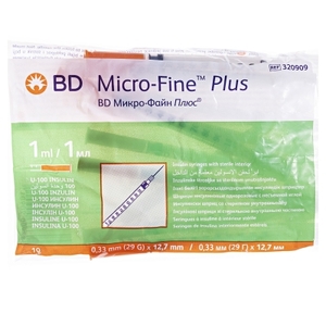 Шприц инсулиновый Micro-Fine Plus U-100 с иглой 29G (0.33x12.7мм) 0,5мл №10 BD