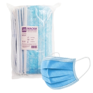 Маска 3х-сл.мед.2В с ушными петлями №1 (50шт. в уп)